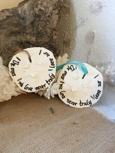 two white sand dollars with writing on them sitting next to a rock and stone wall