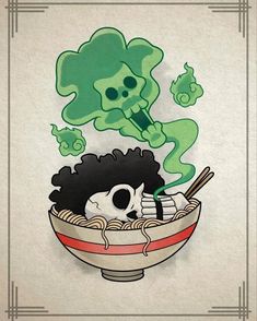 a drawing of a skull eating noodles with chopsticks