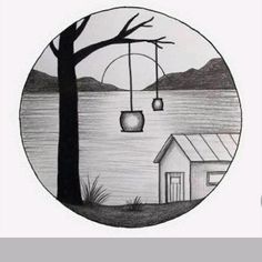 a black and white drawing of a house by the water with a light fixture hanging from it's ceiling