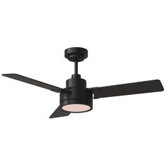 a black ceiling fan with a light on the top and two blades attached to it