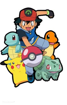 the pokemon characters are all different colors and sizes, but one is in front of them