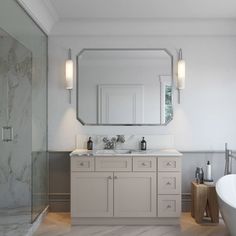 a bathroom with a tub, sink and large mirror in it's center area