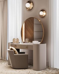 Modern trendy dressing table mirror with chair designs inspiration Mirrored Table Decor, Classic Interior Design Luxury, Grey Dressing Table, Dressing Table Modern, Furniture Sets Design, Luxury Bedroom Furniture, Office Interior Design Modern, Modern Office Interiors, Leather Sofa Living Room