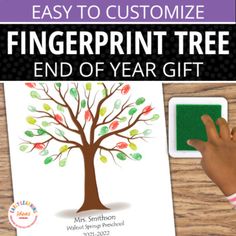 the fingerprint tree end of year gift for kids is shown with text overlay that reads, easy to customize fingerprint tree end of year gift