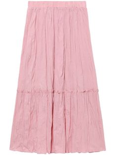 pink ruffled trim elasticated waistband tiered skirt crinkled finish A-line straight hem Pink Maxi Skirt, Tiered Midi Skirt, Versace Outfit, Skirt Maxi, Pink Maxi, Yoko London, City Dress, Airport Fashion, Summer Beach Wear