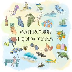 the words watercolor florida icons are drawn in front of an image of people and animals