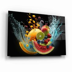 an image of fruit splashing out of the water on a black background canvas wall art print