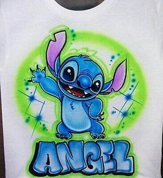 a white shirt with an image of stitch and the word angel on it