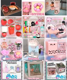 there are many pictures of different items in this collage, including pink and blue