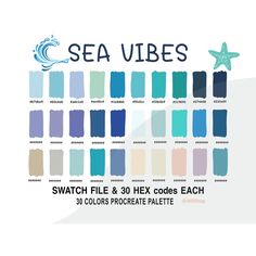 sea vibes swatch file and 30 hex colors each color procreate palette