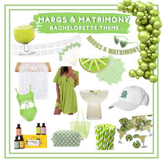 a collage of green and white items with the words margs & matrimony bachelorette theme