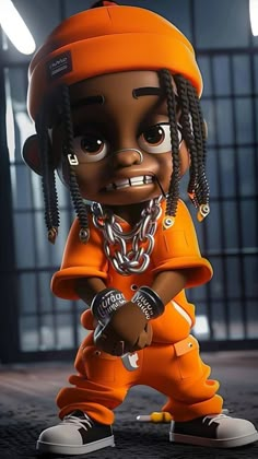 a cartoon character in an orange prison outfit