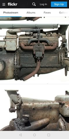 two pictures of an old engine on the same page