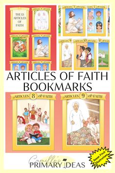 Illustrated bookmarks display different "Articles of Faith," featuring children and religious figures in vibrant frames. They convey a tone of learning and spirituality. Articles Of Faith Printable Free, Primary Christmas Gifts, Primary Presidency, Doctrine And Covenants, Articles Of Faith, Printable Bookmarks, Idea For Christmas, Scripture Reading