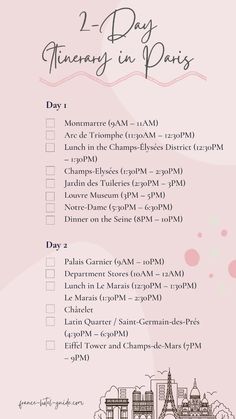 a pink and black checklist with the words 2 - day memory in paris on it