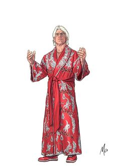 a drawing of an older woman in a red robe with her hands out to the side