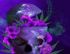 a skull with purple flowers on it's head