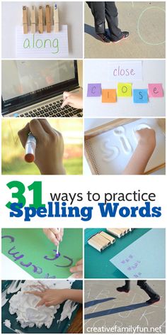 31 ways to practice spelling words in the classroom with pictures and text on them, including letters