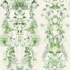 a green and white wallpaper with lots of flowers