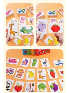 there are pictures of different cards with animals and fruits on them, including one for the letter o