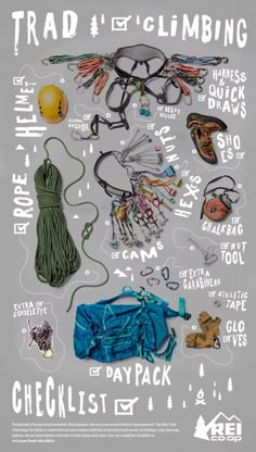 a poster with various items on it and the words trail climbing written in large letters