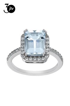 2.55ct Rectangular Octagonal Aquamarine And 0.42ctw Round White Zircon Rhodium Over Sterling Silver Ring. Measures Approximately 0.85"L x 0.50"W. Not Sizeable.  Accent stones primarily zircon. Sterling Silver Ring, Aquamarine, Silver Ring, Sterling Silver Rings, Silver Rings, Sterling Silver, Ring, Stone, Silver