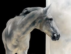 a painting of a white horse standing in front of a black door with clouds behind it