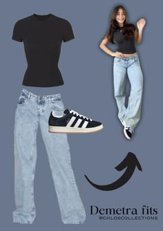 Cute, simple and stylish outfit by Demetra. Black SKIMS top, low rise jeans and Campus 00s. #demetra #demetraoutfits #demetraclothes #aesthetic #cuteoutfits #cute #pinterest #pinterestoufits #stylish #simple #comfortable #girly Outfits To Wear With Campus 00s, Styling Campus 00s, Outfits With Campus 00s Black, How To Style Black Jeans For School, Black Campus Outfit, Low Rise Black Jeans Outfit, Outfits With Campus 00s, Campus 00s Black Outfit, Demetra Jeans