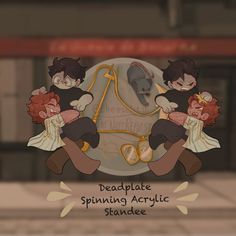 two children sitting on top of each other in front of a sign that says deadplate spinning acrylic standee