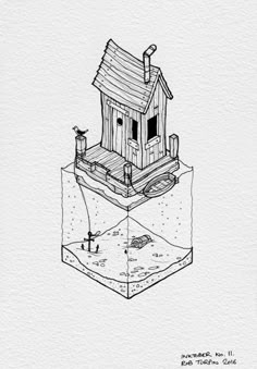 a drawing of a house on top of a box with water coming out of it