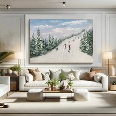 a living room filled with furniture and a painting on the wall