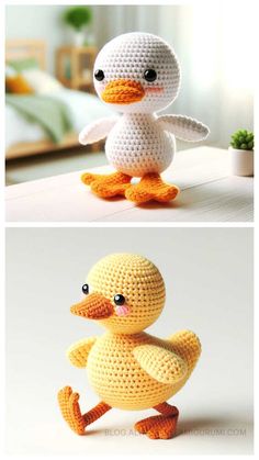 crocheted ducky is sitting on the floor next to an image of a stuffed duck