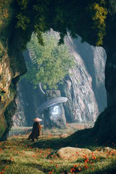 a woman with an umbrella standing in the middle of a forest filled with red flowers