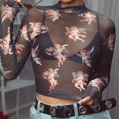 Angel Meshed Top Angel Mesh Top, Angel Cupid, Shirt Outfits, Mesh Tops, Mesh T Shirt, Vintage Crop Tops, Top Streetwear, Long Crop Top, Soft Grunge