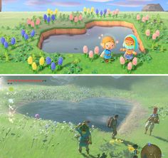 two different views of the same area in animal crossing, one with a pond and another with flowers