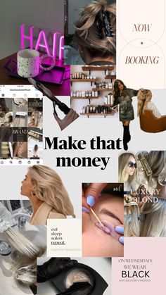 a collage of photos with the words make that money written in different font styles