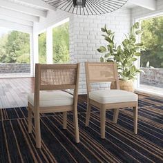 two chairs sitting on top of a carpeted floor next to a potted plant