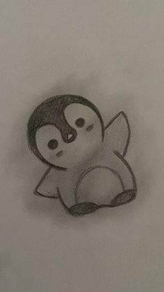 a drawing of a little penguin sitting on the ground with its eyes closed and nose open