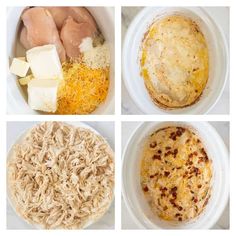 four pictures showing different types of food in white bowls, including chicken, cheese and rice