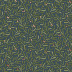 a blue and green wallpaper with small leaves on the bottom, red berries on the top