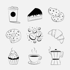 different types of food and drinks are shown in this black and white drawing style illustration