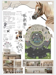 a horse that is standing in the middle of a floor plan with pictures and text on it