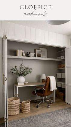 a white desk sitting in the middle of a room next to a book shelf filled with books