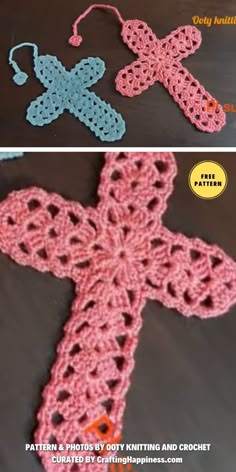 the crocheted cross is shown in two different colors