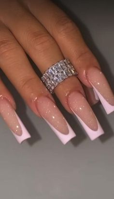 #nail #nailidea #fakenail #naildesign #nailart #frenchtipnaildesigns #nailglitter #acrylicnaildesigns #2024nailtrends #patternnail French Nail With Gems, Basic Long Acrylic Nails, Nail Inspo Long Square, Bridal Nails Square, Deep French Tip, Double French Nails, Sparkly French Tips, Dainty Nails, Pink French Tip Nails