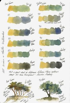 the different shades of watercolor are shown in this page, including yellow and green