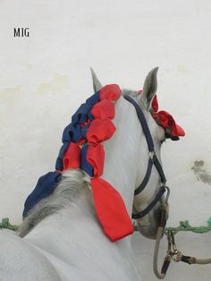 a white horse with red and blue bows on it's head is standing in front of a wall