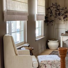 a living room filled with furniture and a window covered in shades on the windowsill