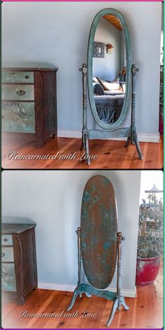 an old dresser and mirror are shown in two different pictures, one is turned into a dressing table