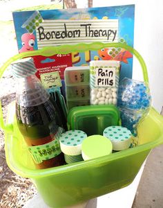 a green container filled with lots of different items